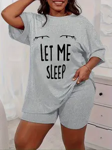 [Plus Size] Letter Print Tee & Shorts Pyjama Set, Casual Comfy Short Sleeve T-shirt & Shorts PJ Set, Women's Sleepwear & Knit Loungewear for Summer, Pajama Sets Women