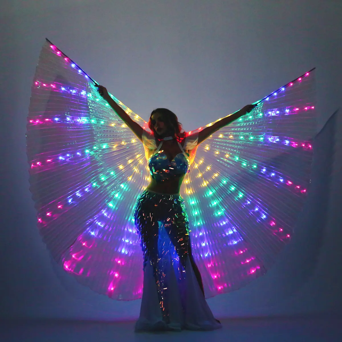 LED Isis Wings Glow Light Up Belly Dance Costumes (Rainbow/Gold/White) with Sticks Performance Clothing Carnival Halloween