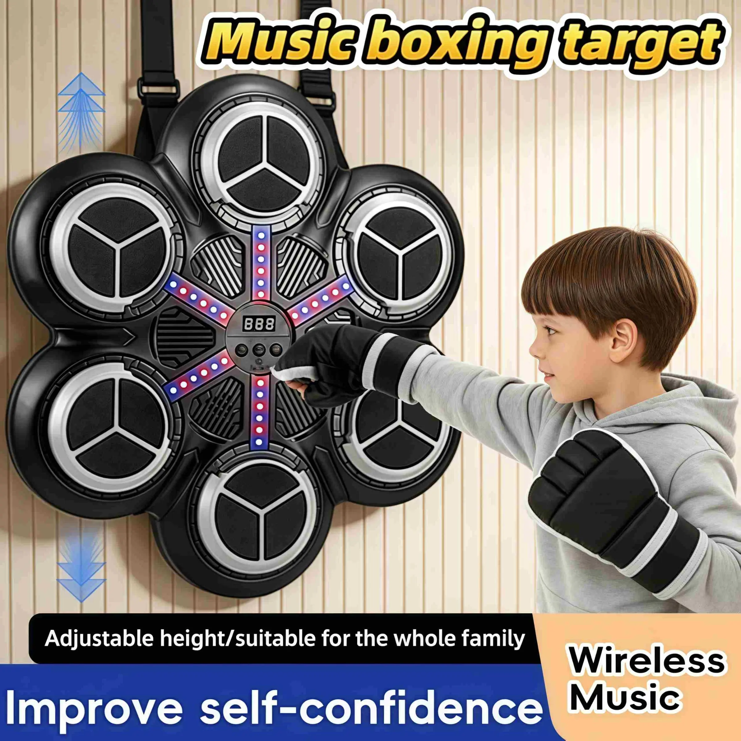 Bluetooth-compatible Punching Machine for Kids Aged 3+, Interactive Countable Reaction Target, Home Gym Dual Scenarios, Includes Charging Cable & Gloves