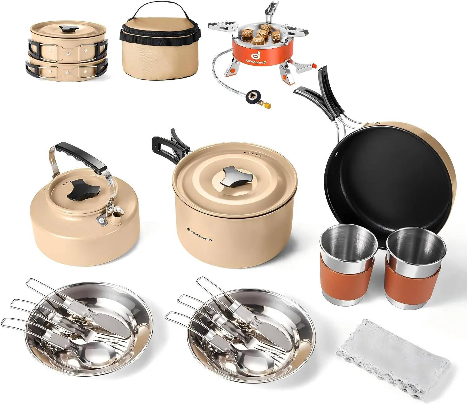 Odoland 15pcs Camping Cookware Mess Kit with 5000W/9000W Camping Portable Stove,Lightweight Pot Pan Kettle Set,outdoor cooking and picnic