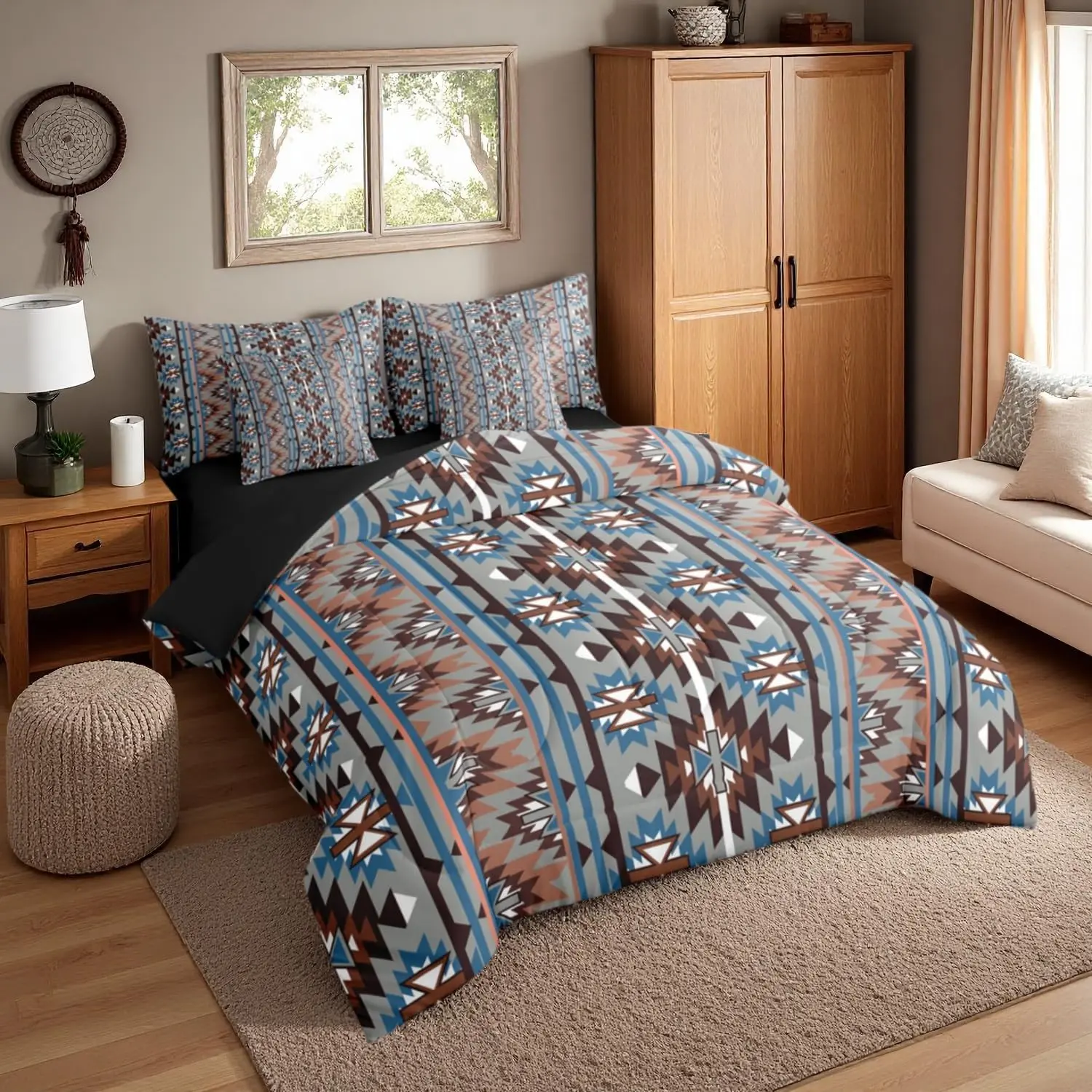 Feelyou 7-Piece Western Queen Bedding Set - Southwestern Aztec Pattern Comforter with Rustic Bohemian Geometric Designs for Kids, Bedding Sets, Queen Bedding Sets