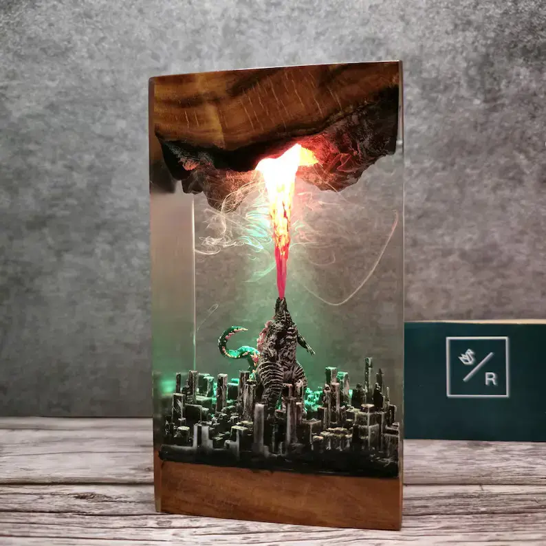 Handmade Resin Godzilla Atomic Breath LED Night Light, Giant Monster Destroying City 3D Diorama Lamp, Purple Pink Glow Ambient Light, Unique Collectible Decor, Perfect Gift for Monster Movie Fans, Gamer Room & Desktop Display Ornament