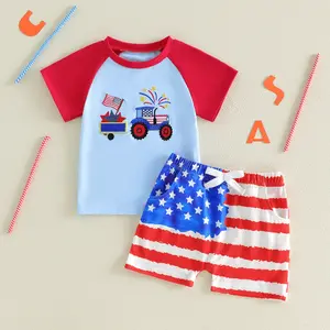 Imcute Toddler Baby Little Boys 4th of July Outfits Set Tractor American Flag Embroidery Short Sleeve Round Neck Tops T shirt and Shorts Clothes Set