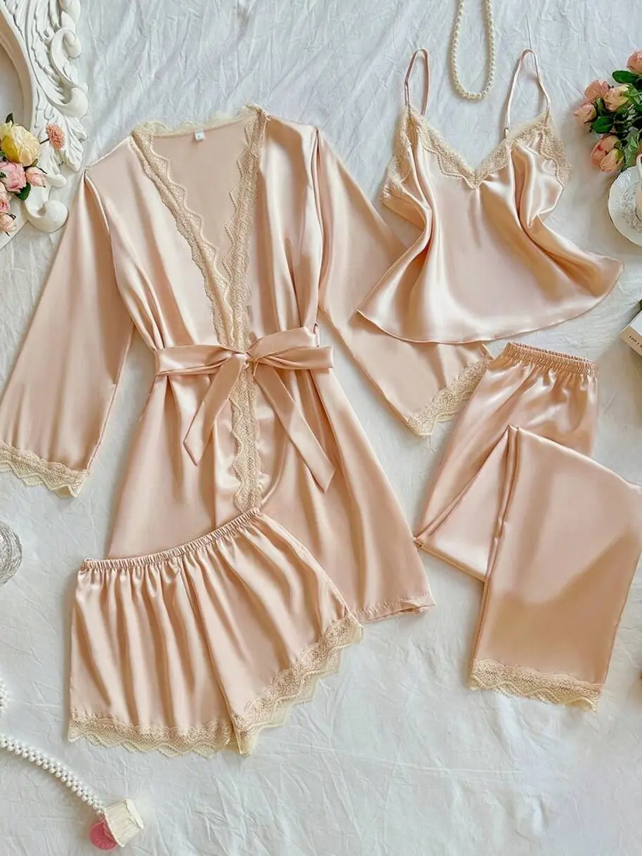 4-Piece Champagne Satin Sleepwear Set with Lace Patchwork: Camisole, Shorts, Pants, and Robe