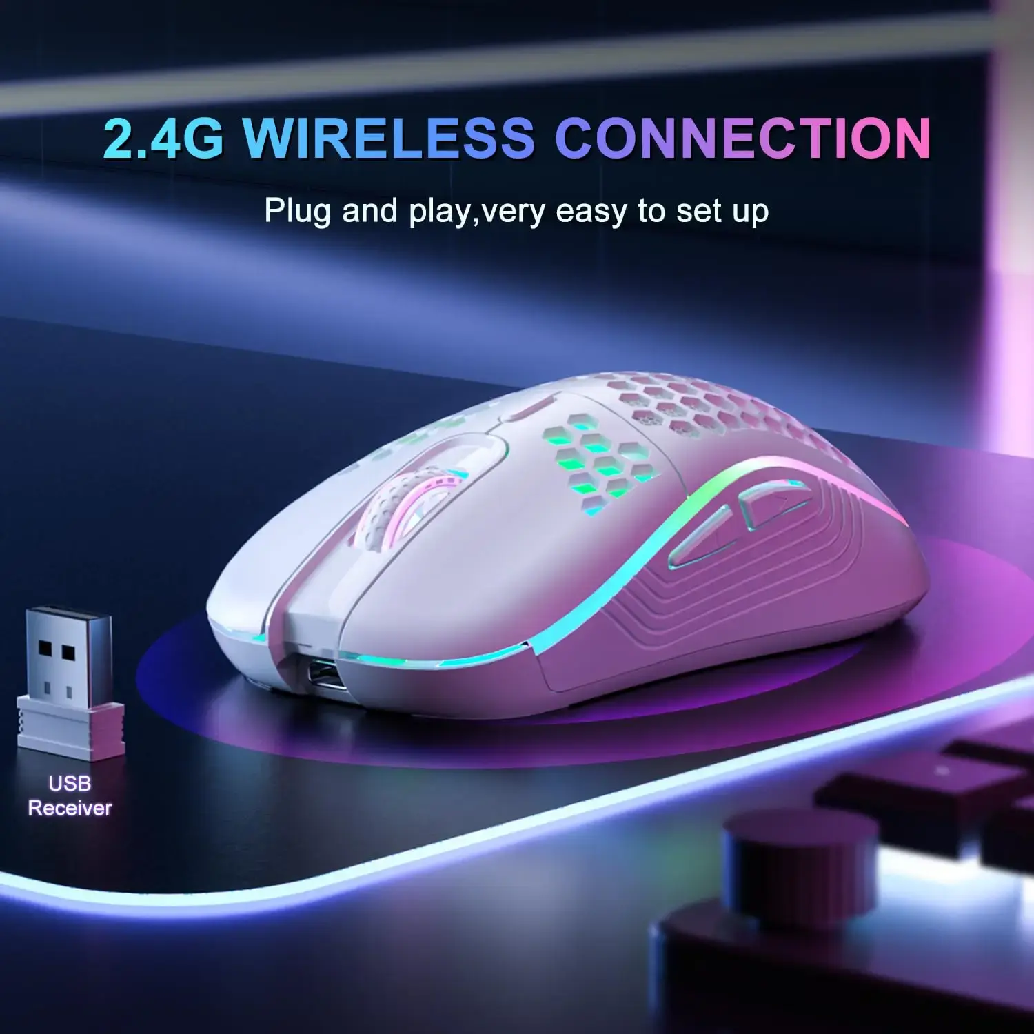2.4G Wireless RGB Backlit Gaming Mouse, Ergonomic Honeycomb Design, 6 Buttons, 3-Speed DPI, Type C Rechargeable, Ideal for Gamers and Professionals SZKOSTON