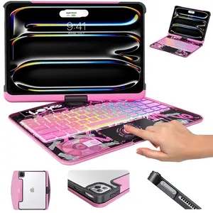 Y2K retro-style iPadcase with keyboard designed for iPad mini, 360° rotation, a multi-touch trackpad, RGB backlit keyboard, a built-in detachable drawer-style Pencil holder, and Type-C charging.