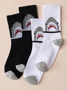 Men's 2 Pairs Shark Print Crew Socks, Casual Comfortable Breathable Animal Print Socks for All Seasons, Men's Socks for Daily Wear, Comfort Wear for Men, Menswear, Breathable Comfy Socks