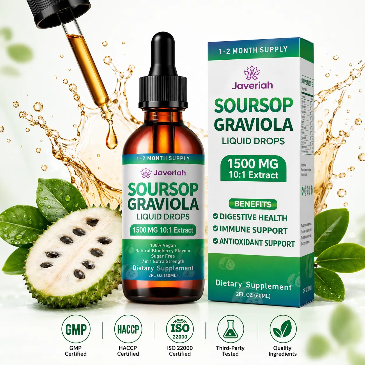 Javeriah Soursop Graviola Liquid Drops, Soursop Leaf Extract Herbal Supplement, Natural Liquid Drops with Easy Dropper Format, Vegan Dietary Supplement, Daily Wellness Routine, 2 Fl Oz (60ml)