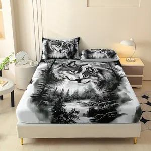 3-Piece Animal Wolf Printed Bed Sheet Set, Queen Mattress Cover, Double Mattress Protective Cover, King Queen Style Bedding Set, Polyester Machine Washable, Bedroom Room, Birthday Gift (1 Bed Sheet+2 Pillowcases, Coreless)