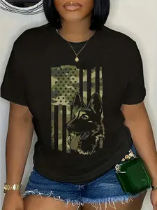 Women's 100% Cotton Short-Sleeve Everyday Streetwear T-Shirt - German Shepherd Dog Lover, USA Flag 4th July Top
