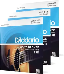 Guitar Strings - Acoustic Guitar Strings - 80/20 Bronze - For 6 String Guitar - Deep, Bright, Projecting Tone - EJ11-3D - Light, 12-53 - 3-Pack.