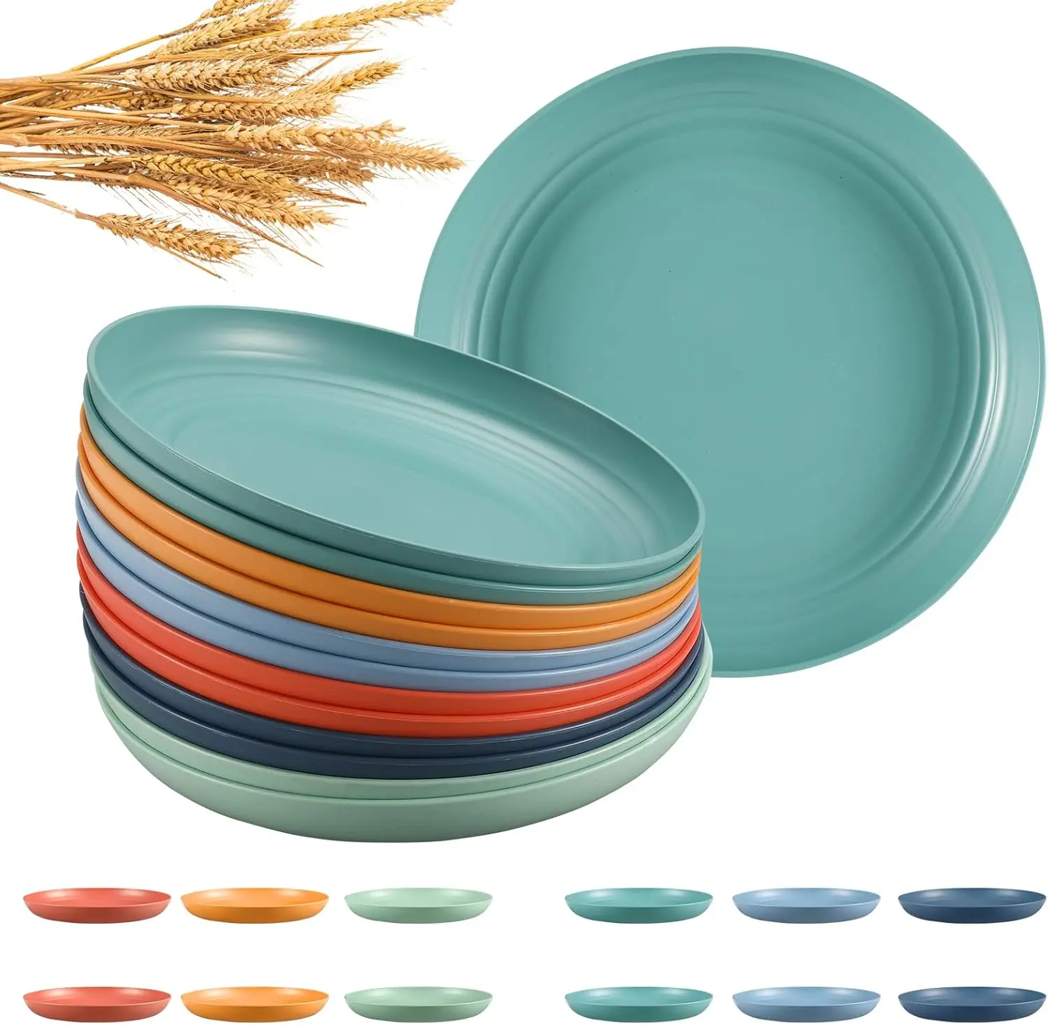 12 Pcs Unbreakable Deep Dinner Plates Set, 10 inch Reusable Plastic Wheat Straw Plates, Microwave and Dishwasher Safe Plate for Kitchen, Lightweight Plate for Dessert, BPA Free,