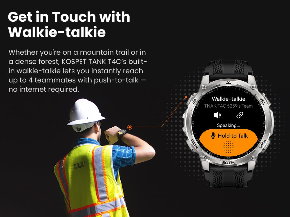 KOSPET Tank T4C Smart Watch for Men with LED Flashlight, 1.5” AMOLED Display, Dual-Band GPS&Compass, 50-Days Battery, 24/7 Heart Rate/Sleep Monitor, 50m Waterproof, Bluetooth Call/Walkie-Talkie