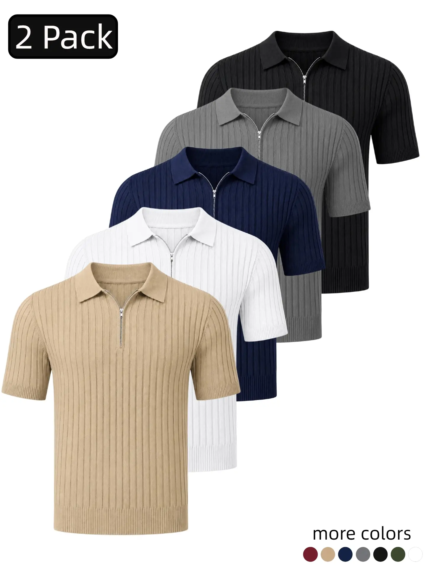 Men's Ribbed Knit Polo Shirt, Short Sleeve Quarter Zip Collared Pullover, Slim Fit Casual Golf Shirt for Work, Travel & Daily Wear Classic Summer