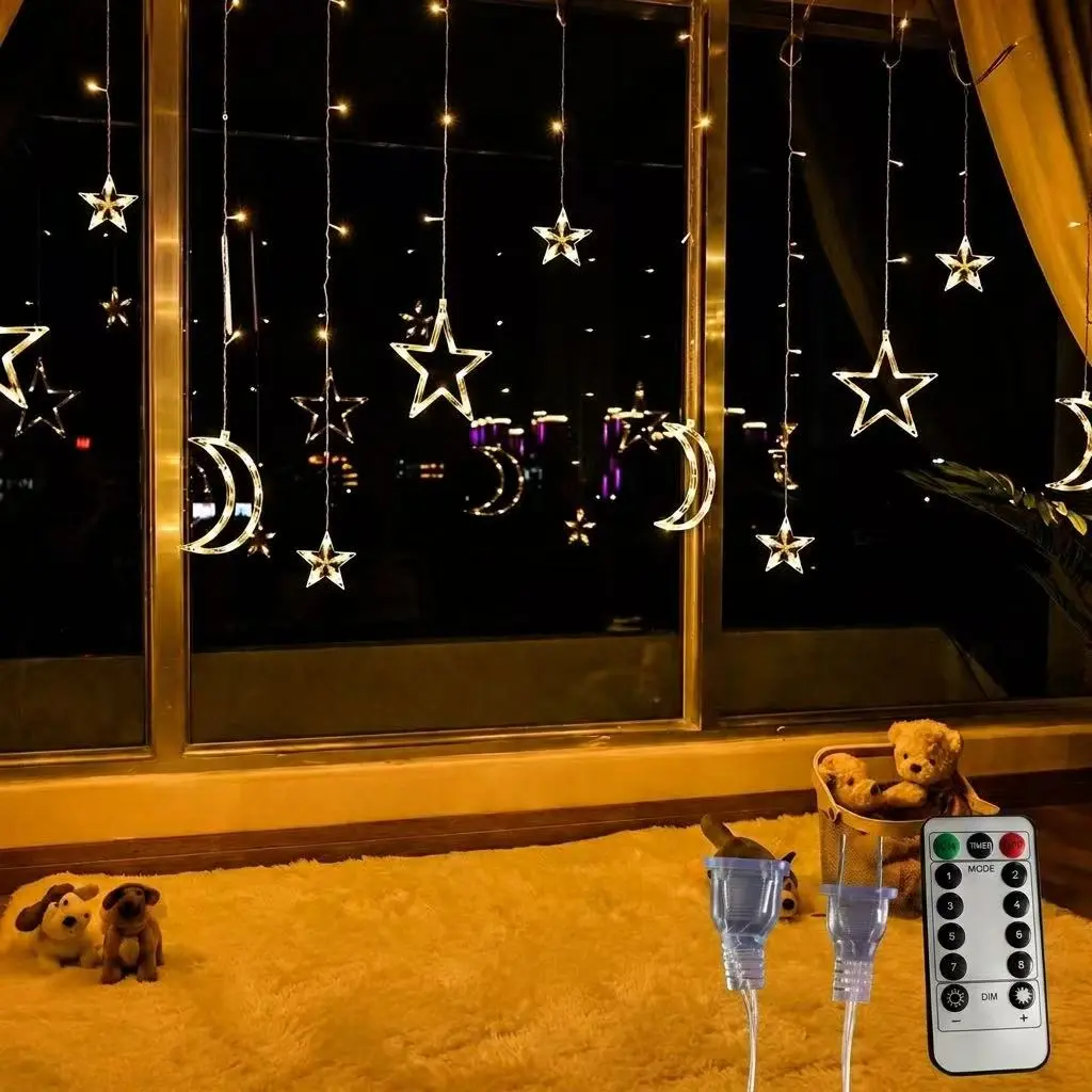 110V Plug-in Star & Moon Curtain String Lights, 8 Lighting Modes, Remote Control LED Lights, Home & Festive Decor Supplies