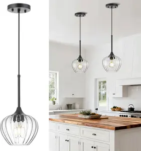 Glass Pendant Light, 7inch Modern Black Farmhouse Hanging Lighting Fixture for Kitchen Island Dining Room Bar