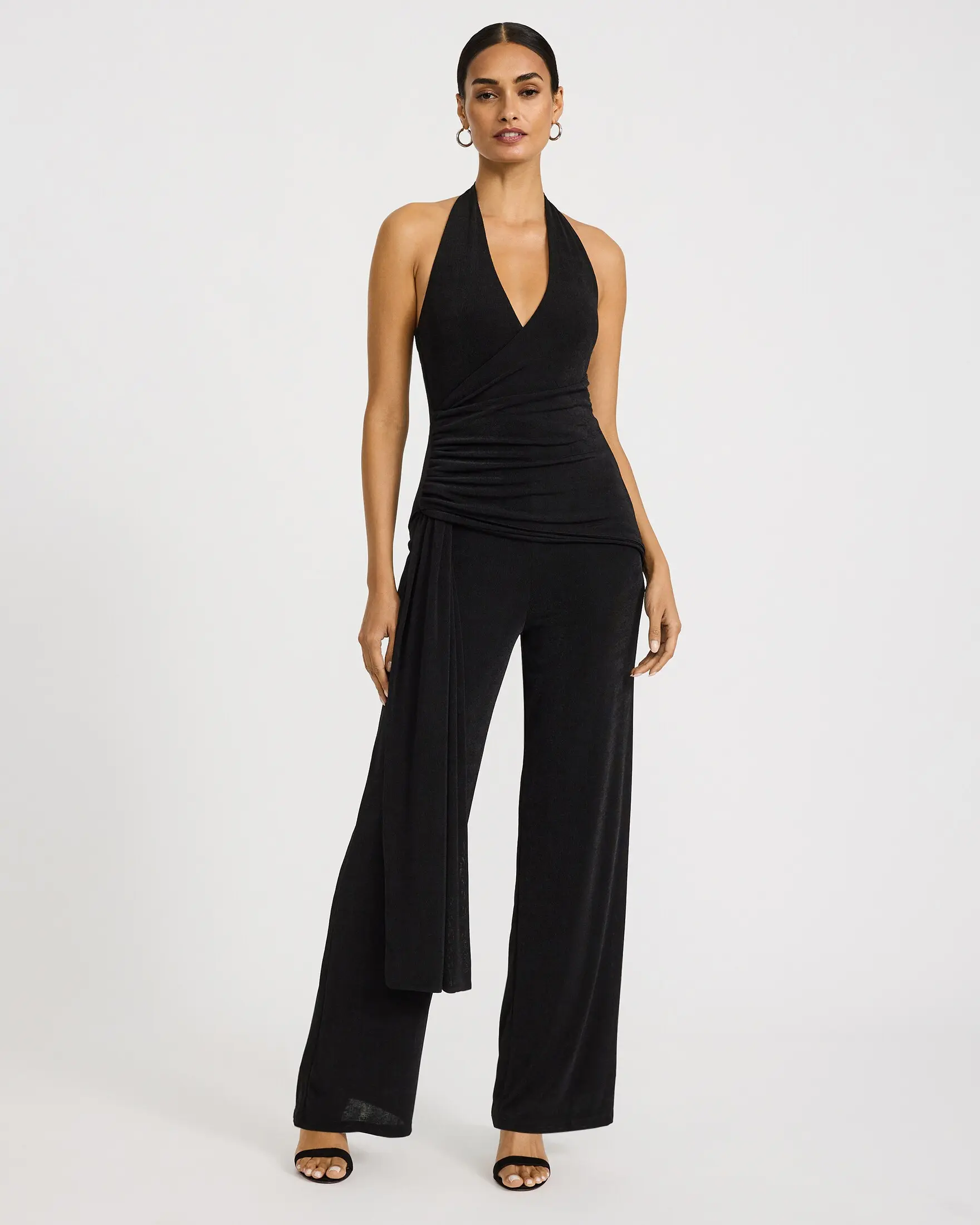 Express Halter V-Neck Wrap Waist Ruched Jumpsuit, Overalls, Spandex, Style