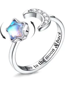 Fidget Ring for Women Kids Girls Anxiety Rings Open Adjustable Silver Sunflower Opal Moonstone Star Moon Snow Lotus Spinner Mood Rings Knuckle Rings Jewellery