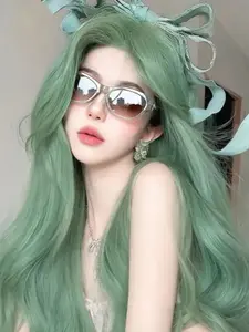 Mint Long Hair Wavy Wig with Bangs for Women, 26 Inch Curly Wavy Wig, Natural Look Synthetic Heat Resistant Fiber Wig for Daily & Party Use, Water Wave Wigs