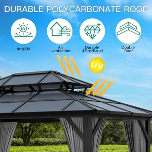 Garvee 10x13ft Hardtop Gazebo, Outdoor Polycarbonate Double Roof Canopy, Aluminum Frame Permanent Garden Tent with Curtains and Netting for Patio, Lawns (Gray)