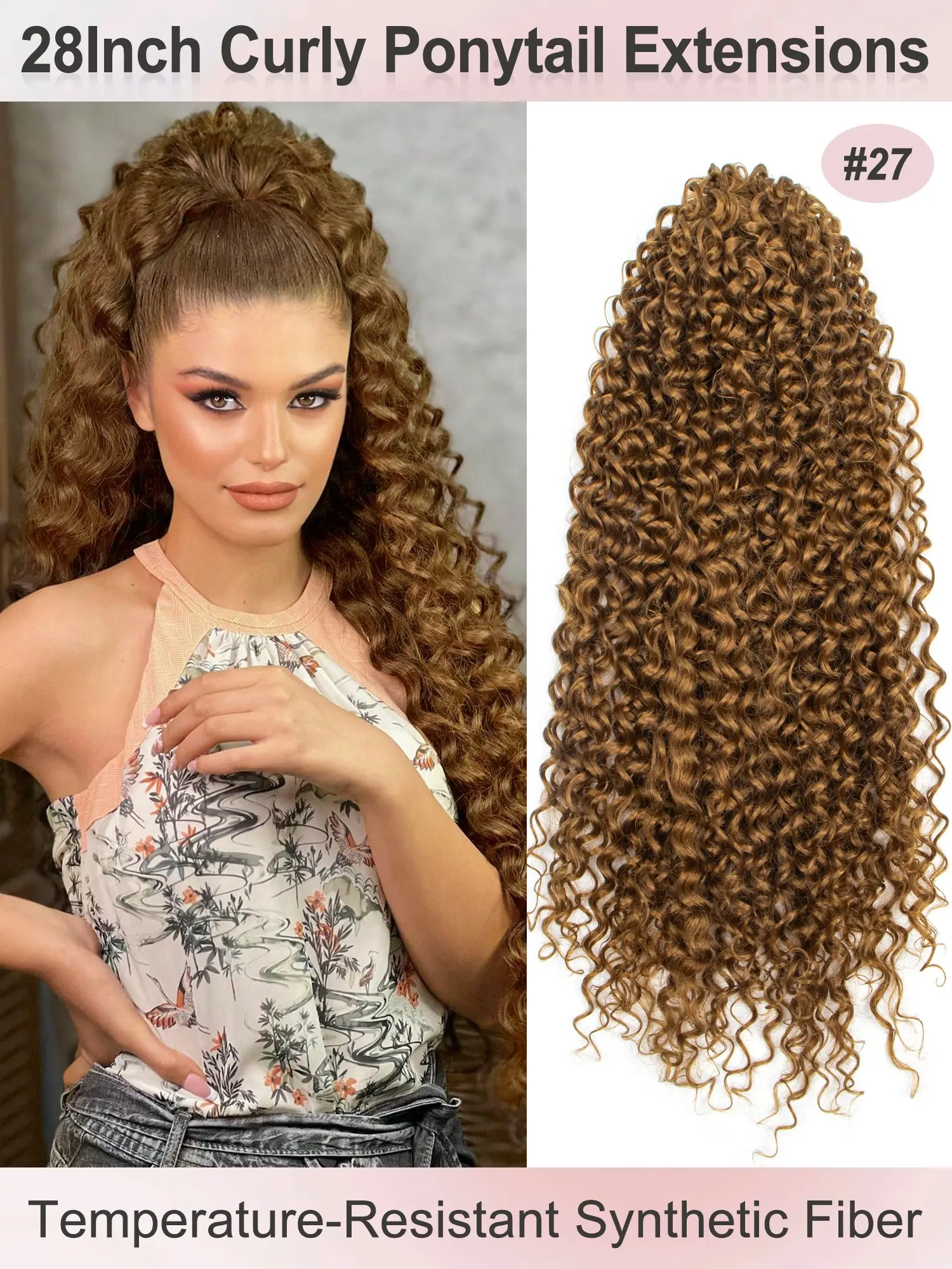 Synthetic Ponytail 28inch Long Curly Wave Drawstring Ponytail Afro Curly Fluffy HairPieces Extension Heat Resistant Clip in Ponytail Wigs For Women Girl Daily Use ponytail extensions