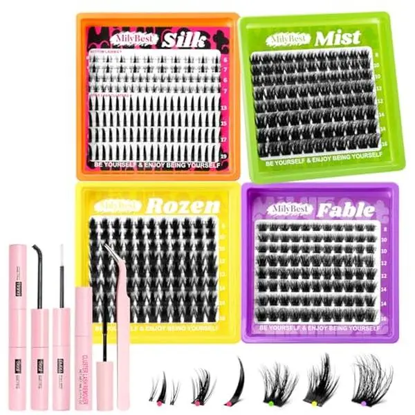 MilyBest 4 Styles Lash Clusters Kit, Silk/Rozen/Fable/Mist Bottom Eyelash Clusters Extensions Mini Boxes with Lash Bond & Seal, Remover and Lash Tweezer Spiky DIY Individual Lashes Extension Kit