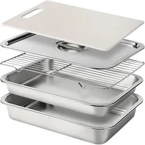 Stainless Steel BBQ Grilling Prep and Serve Tray Set,  Preparation Container with Lid,  Board, Wire Rack and Marinade Pan for Outdoor Cooking,Grill Gifts for Grill Lovers