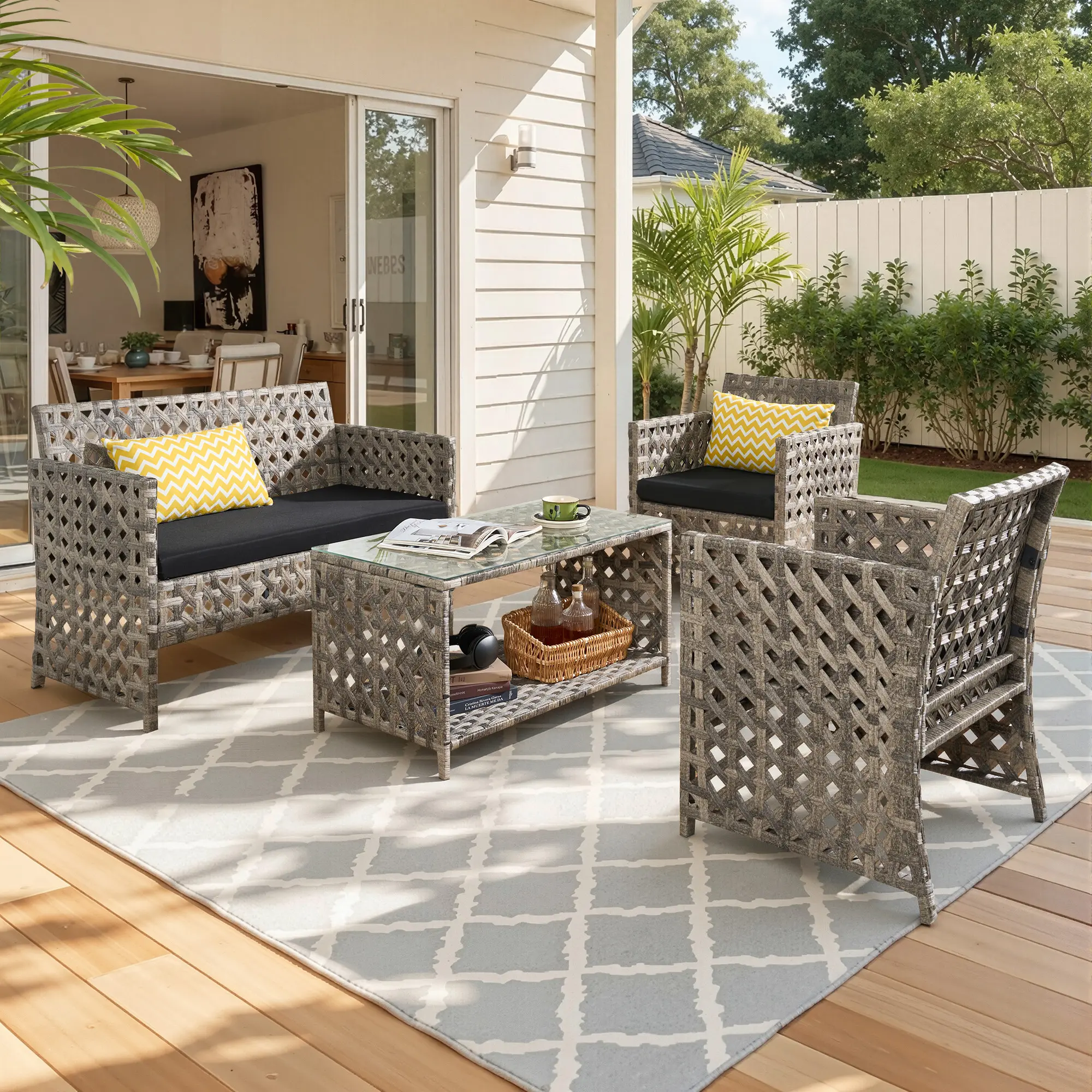 【Back To School】Ovios 4-Piece Patio Furniture Set, Outdoor Wicker Furniture with Coffee Table Glass Top Included, Modern Rattan Chairs Conversation Set, Outdoor Seating, Weather-Resistant, for Porch, Garden, Lawn