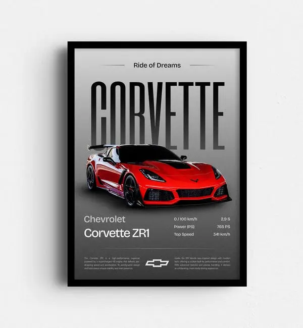 Chevrolet Corvette ZR1 Car Poster, Sports Car Wall Art, Poster Racing Car Print Automotive Decor, Gift for Him, Modern Artwork