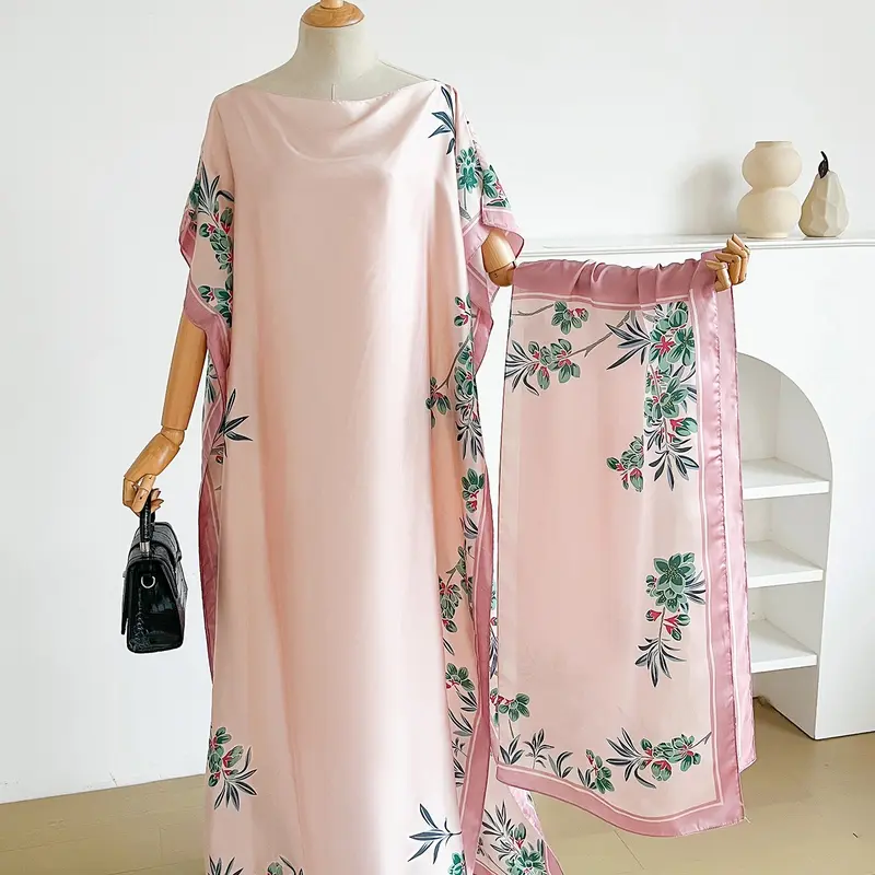 Women's Plant Print Robe Set Outfit, Casual Boho Fashion Wear Loose Fit Style Long Dress + Headscarf Scarf Hairband, Beach Sun Protection Satin Silk Shawl Floral Matching