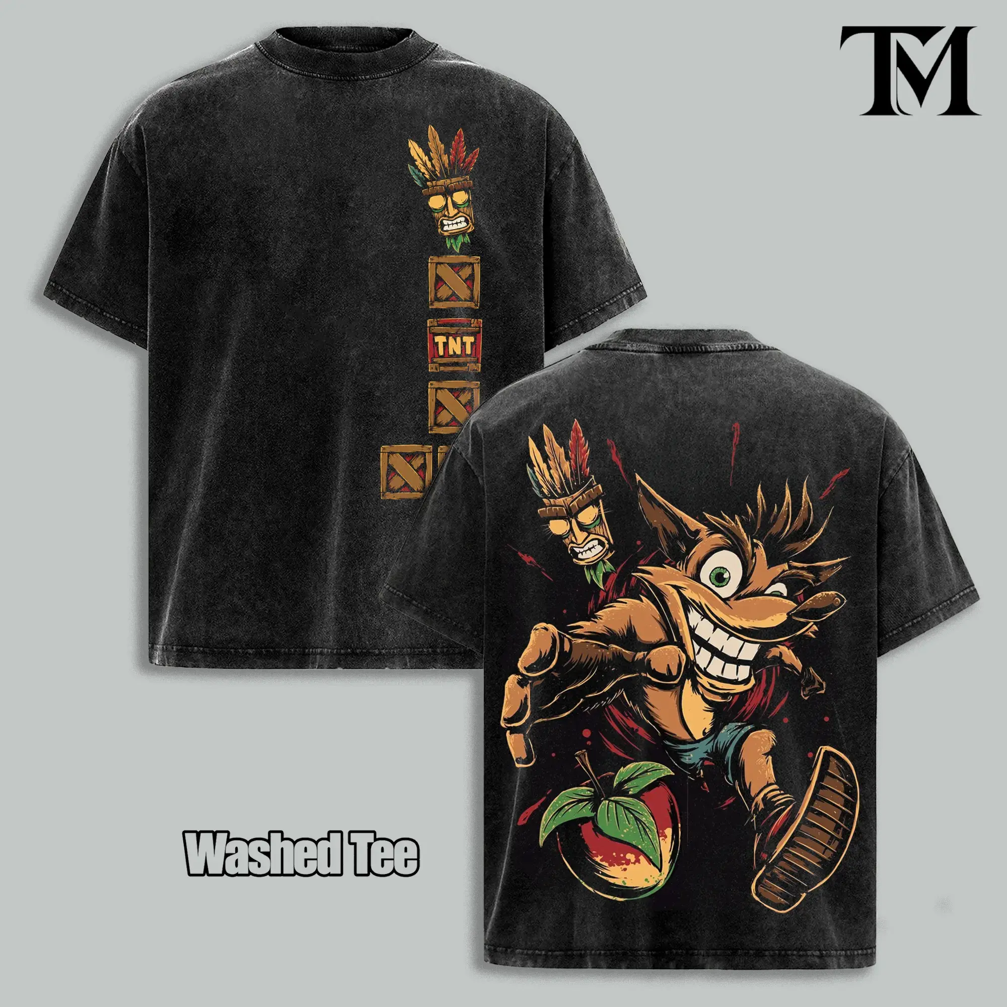 Crash Bandicoot Vintage Washed T-Shirt, Aku Aku Mask Graphic Tee, Retro Platform Game Shirt, Oversized Heavyweight Cotton Streetwear, 90s Gaming Fan Gift