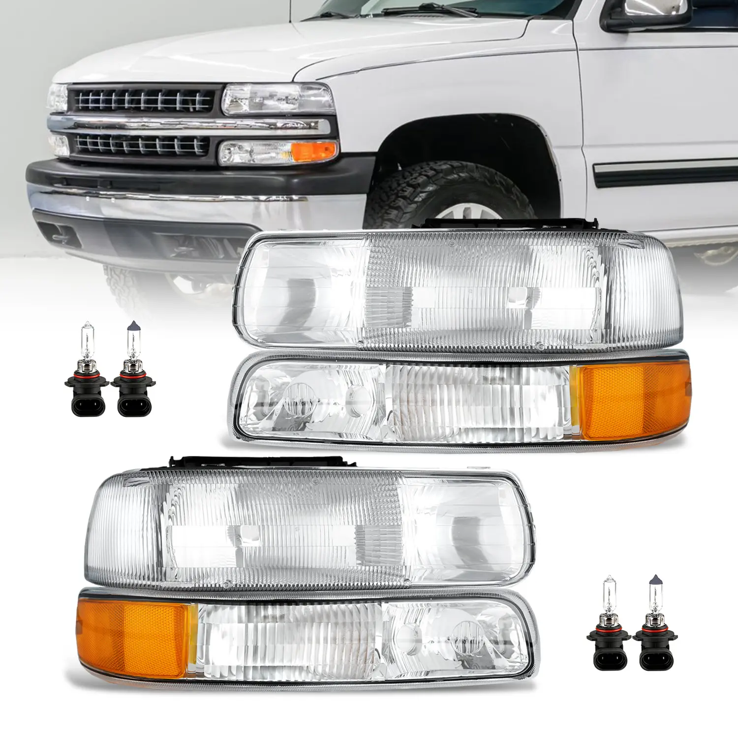 Headlights Assembly with Bulbs for 1999 2000 2001 2002 Chevy Silverado 1500 2500/2000-2002 Silverado 1500HD 2500HD 3500/2000-2006 Tahoe Suburban with Chrome Housing & Amber Reflector