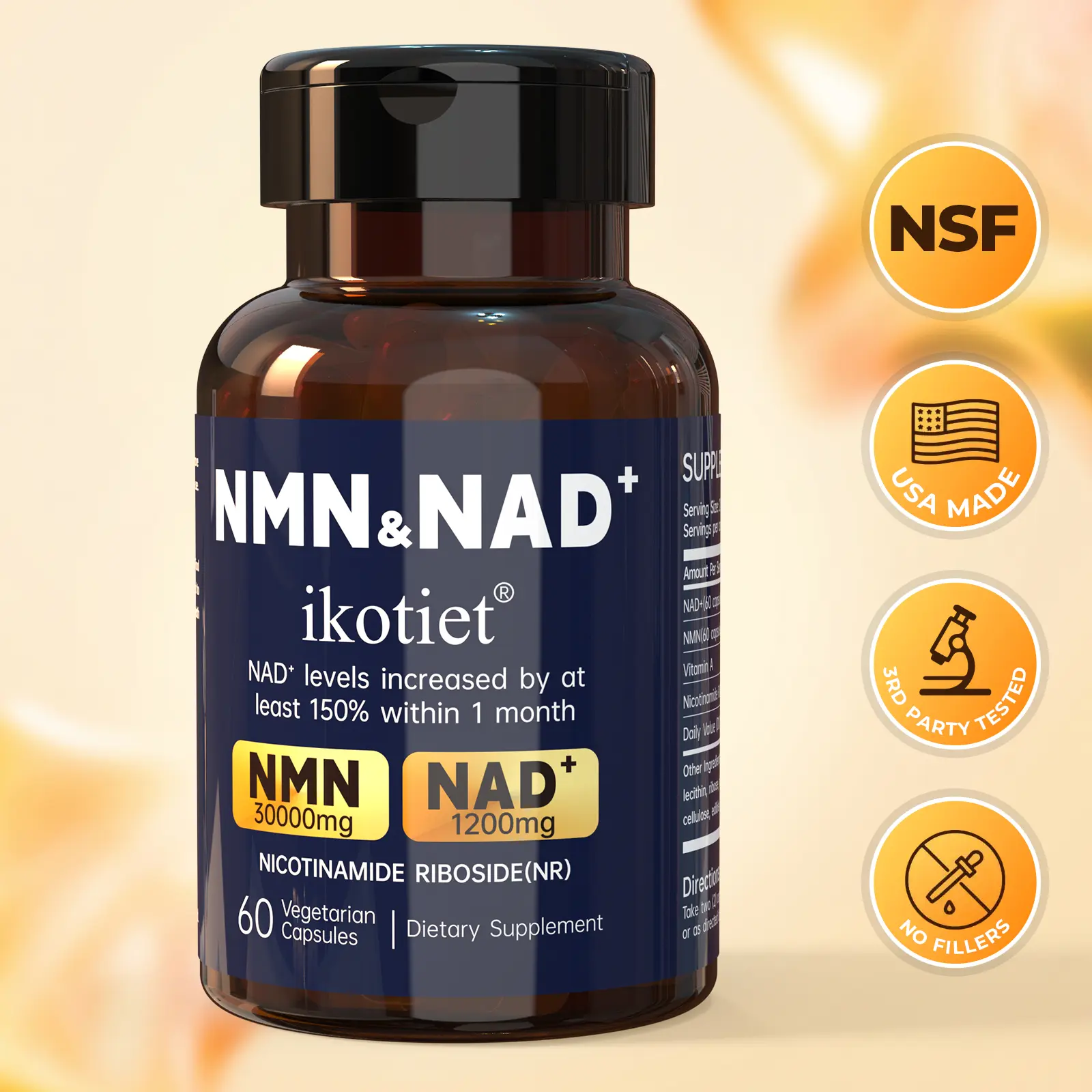 ikotiet High-Purity NMN+ (30,000mg) — Supports daily energy, metabolism, skin repair, cellular health, and focus for adults — Complex supplement, Gluten Free, vegan formula (60 capsules)., Supplement Stack