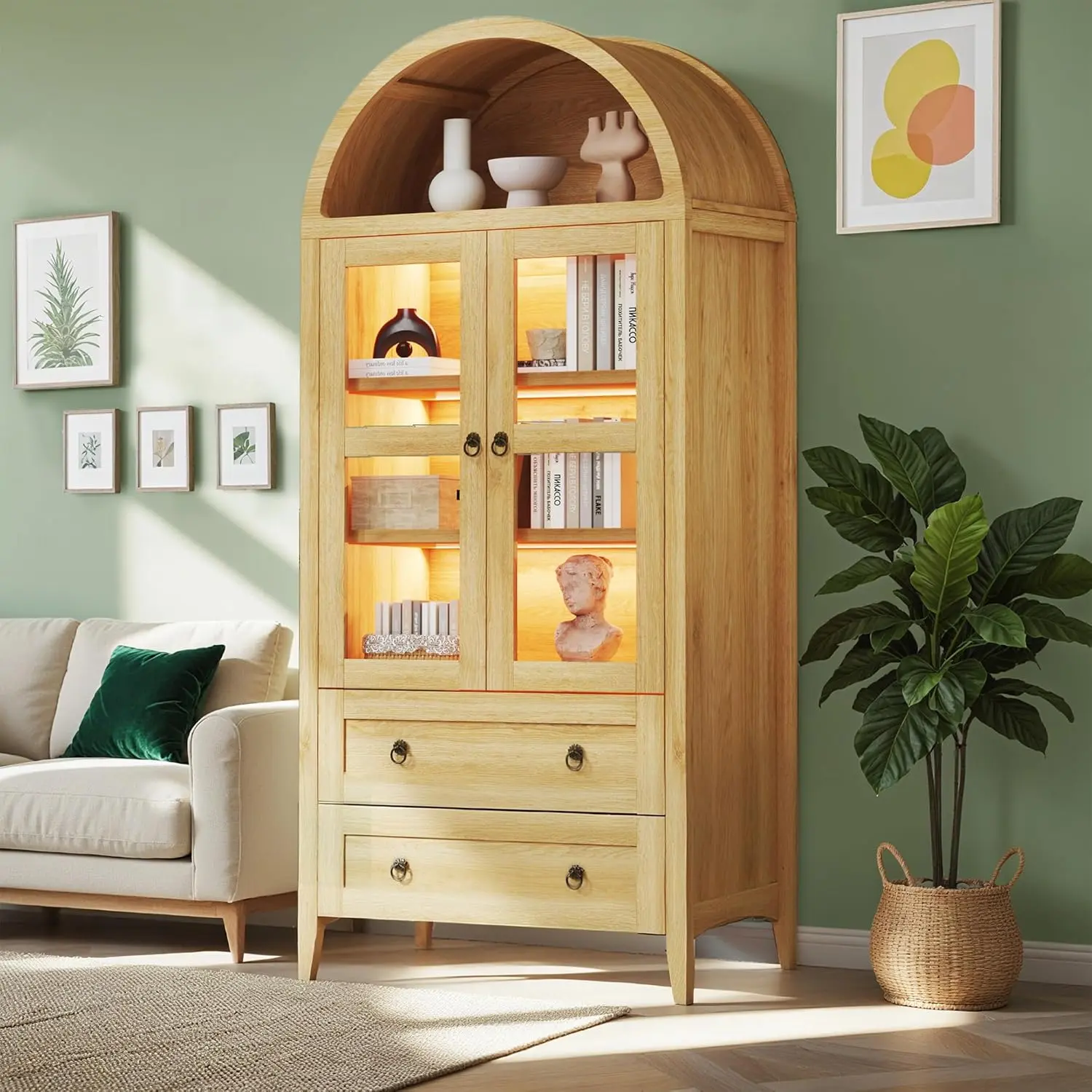 71" Tall Arched Natural Freestanding Multi-Functional Floor Cabinet - Kitchen Storage Furniture with 2 Large Drawers, Adjustable Shelves, Glass Door for Living Room, Dining Room, Freestanding Floor Cabinets, Multi-Functional Floor Cabinets