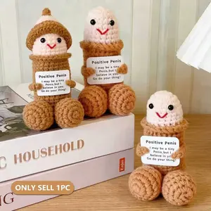 Funny Emotion Comfort Crochet Figure Plush Toy with Positive Energy Card, Humorous Cuddly Doll Gift for Boyfriend and Friends, Mini Knitted Desktop Ornament