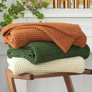 Chunky Cable Knit Throw Blanket Lightweight Beige 100% Organic Cotton Blanket for Sofa Couch Bed Baby Nursery, Rustic Farmhouse, 60" x 80"