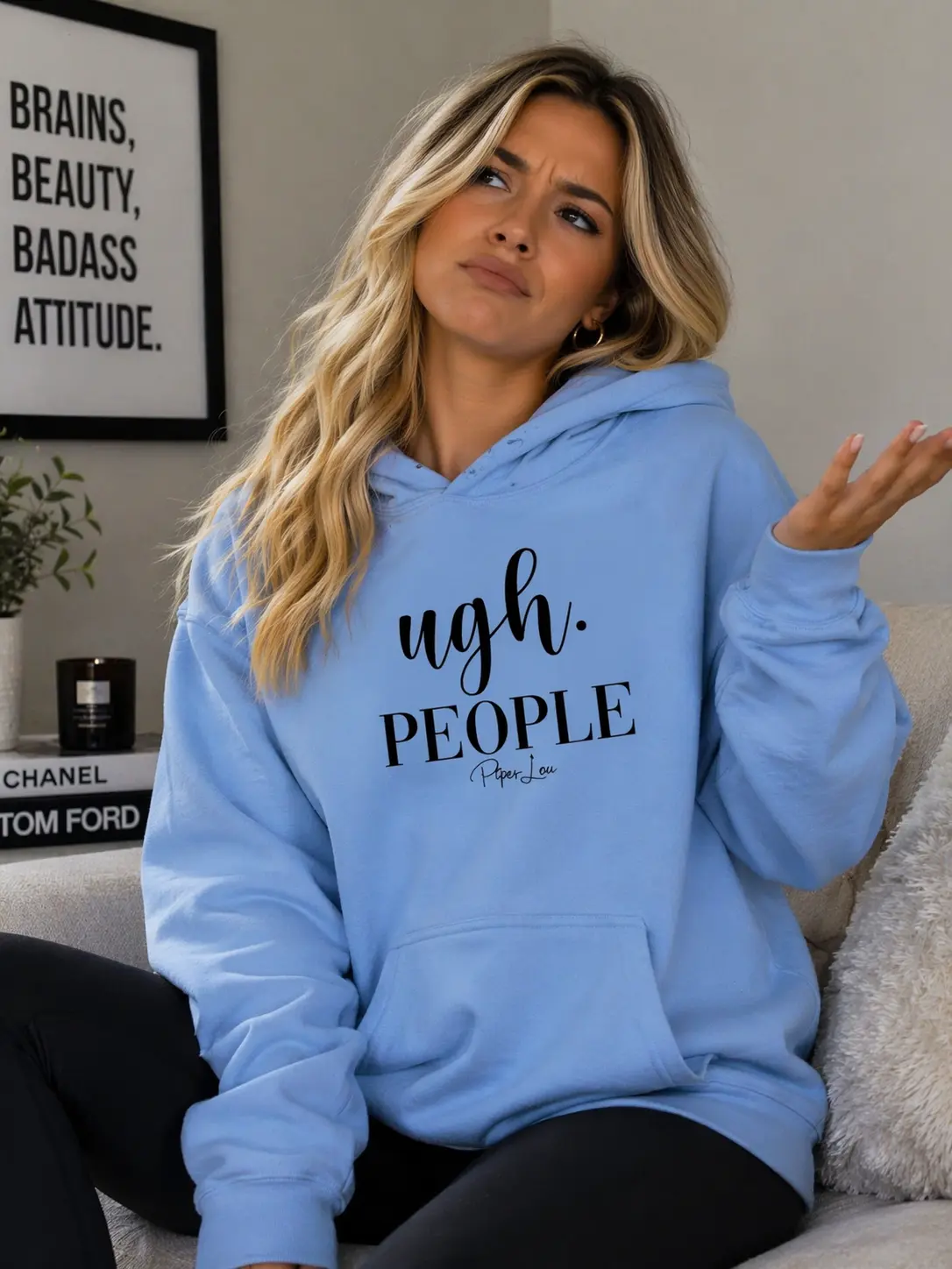 KIP Women's Polyester-Spandex-Cotton Graphic Pullover Hoodie, "Ugh People" Print, Soft Blend, Pouch Pocket, Crew Neck, Rib Trim, Medium Length, Drawstring Hood, Quarter-Turned Body, Evening Casual Tops