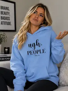 KIP Women's "Ugh People" Graphic Hoodie - Athletic Casual Long-Sleeve Cotton-Blend Fabric Pullover with Spandex, Yarn Infusion, and Front Pouch Pocket