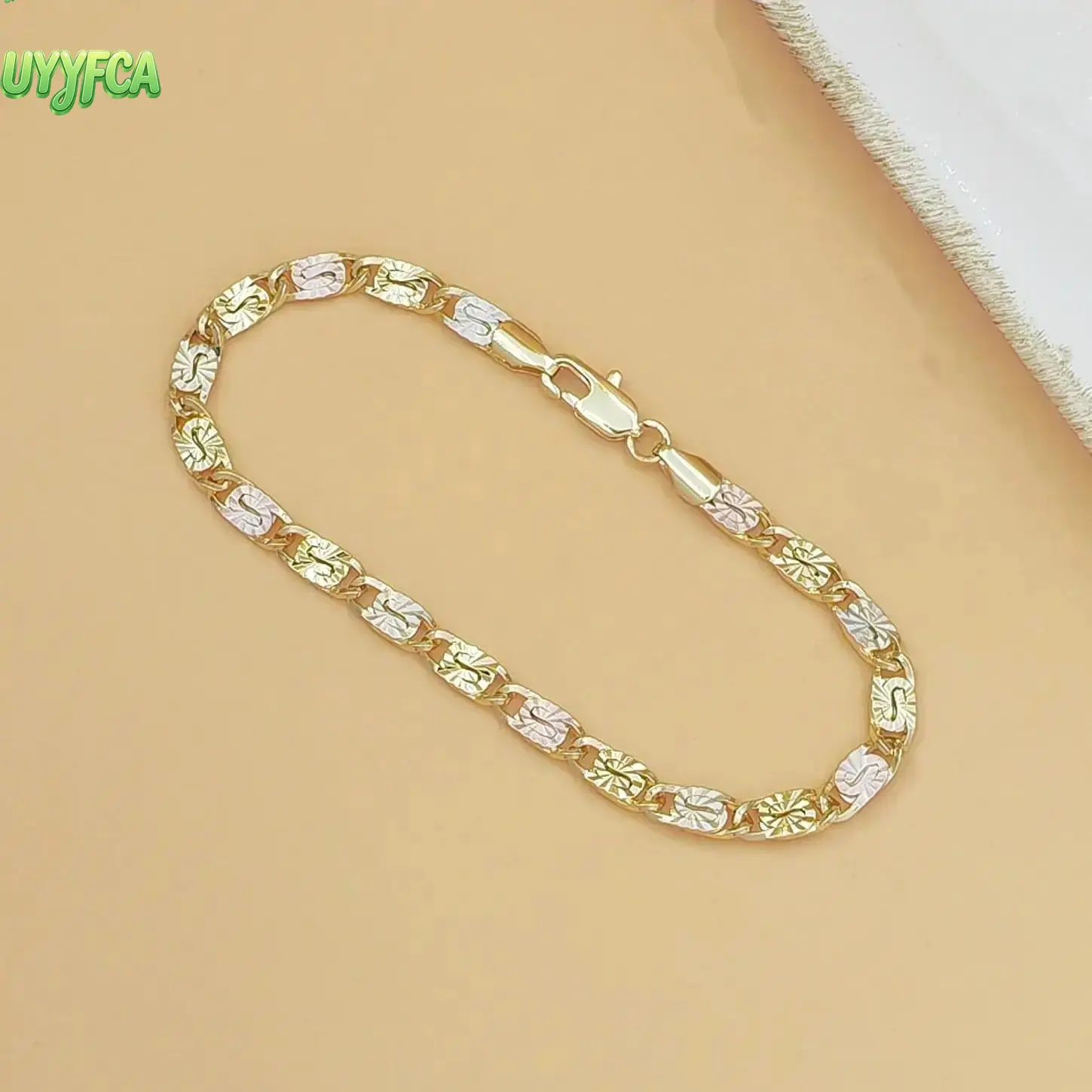 1pc 14K Gold Tri-Color Mariner Link Bracelet for Women, Polished Floral Engraved Gold Tone Chain with Lobster Claw Clasp, Dainty Three Tone Jewelry,beach vacation Ideal for Casual Wear, Gifting, Dainty Jewelry Gift for Her summervibes,Beach vacation 1