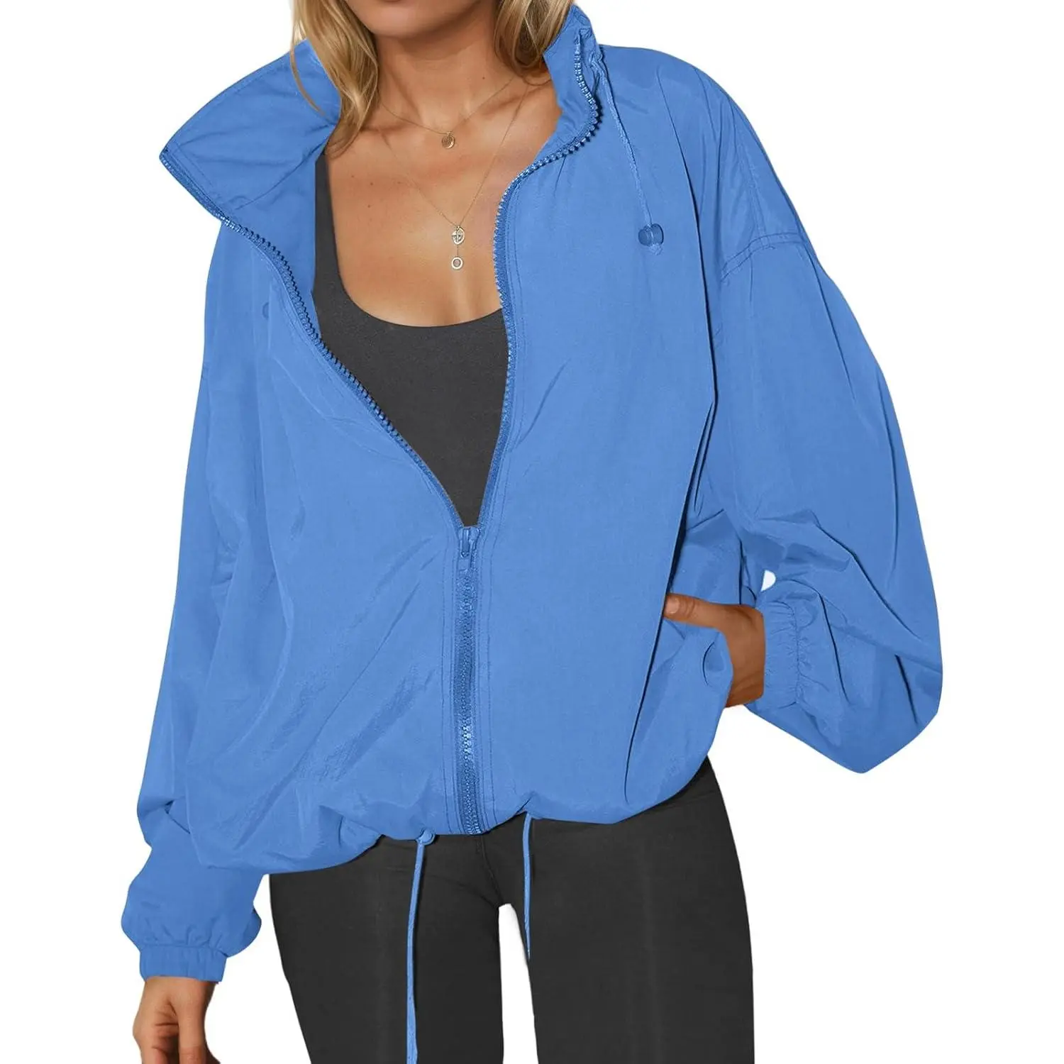 Yousify Women's Waterproof Lightweight Zip Up Rain Jacket - Hooded Windbreaker with Pocket for Outdoor Hiking, Summer Outfits, Vacation Wear, Jackets Zip Up