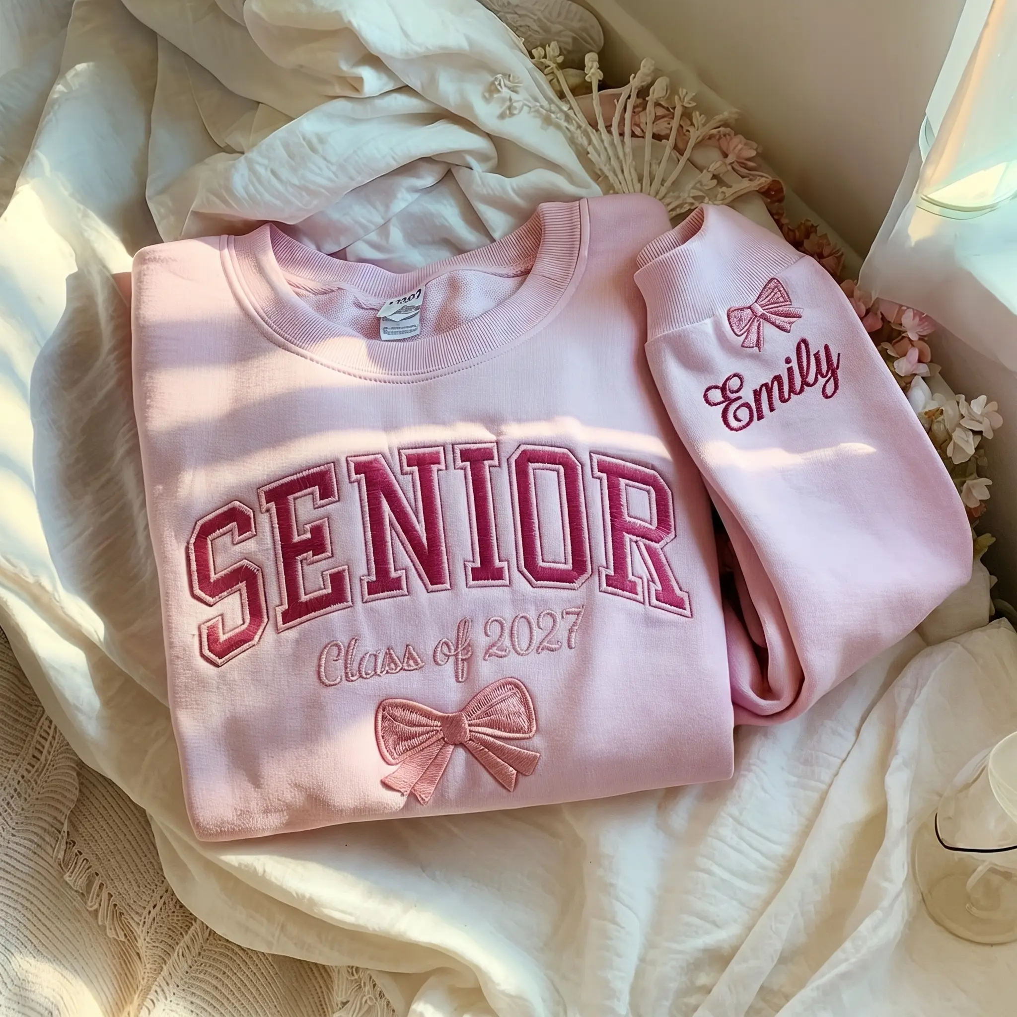 (Leave a note) Embroidered Senior Sweatshirt, Class of 2027, Personalized Cheer Gift, Coquette Crewneck