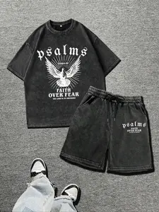 Men's Letter & Graphic Print Short Sleeve Tee & Shorts Two-piece Set, Round Neck T-shirt & Track Shorts, Casual Fashion Cozy Breathable Men Two-piece Outfits for All Seasons, Sets for Men Clothing, Cotton, Menswear, Outfit Suit Set, Matching Lounge Sets