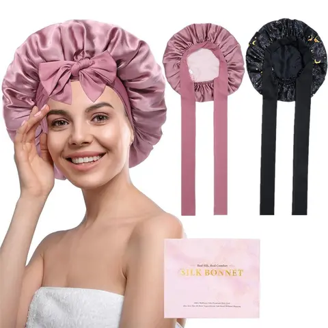 Women's 100% Mulberry Silk Haircare Bonnet - Double-Layer, Reversible, Friction-Free, Anti-Frizz, Everyday Smoothing Cap, Elastic Tie Band, Heatless Sleeping Styling Cap, Gift for Females (Thanksgiving, Valentine's Day),sohochic