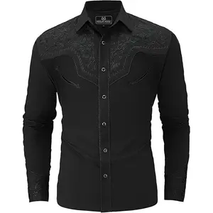 Western Embroidered Cowboy Shirts for Men, Casual Button Down Long Sleeve Shirt with Floral Design