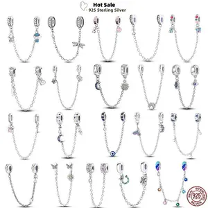 New 925 Sterling Silver Charms Buttefly Daisy Safety Chain Cat Paw Change Beads Fit Pendant Original Bracelet Ladies DIY Jewelry