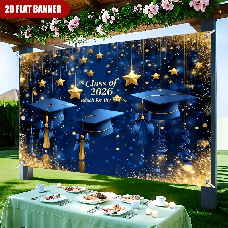 2D Flat - A Single Piece of 2D Flat Banner for Graduation Season Featuring a Deep Blue Backdrop Adorned with Star Motifs, Graduation Caps, And Golden Ribbons, Symbolizing Joy And Future Aspirations. It'S Perfect for Decorating Rooms