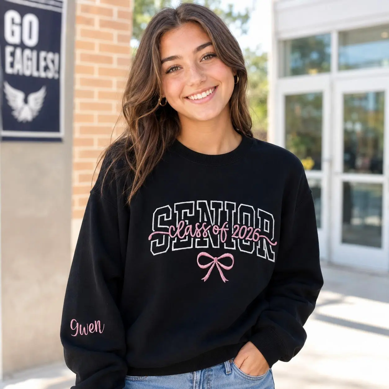 Embroidered Senior 2026 Sweater Senior Bow Sweater Senior Crewneck Graduation Sweater Personalized Sleeve Sweater Grad 2026 Shirt