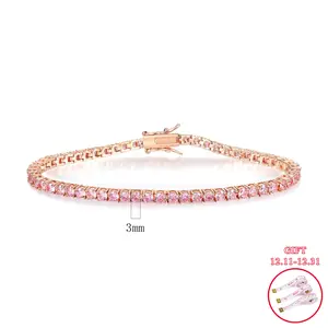 GEMSME 3MM Round Cut Cubic Zirconia Waterproof Pink Hypoallergenic Tennis Bracelet for Sensitive Skin Classic Couple Gift ATS59996-R