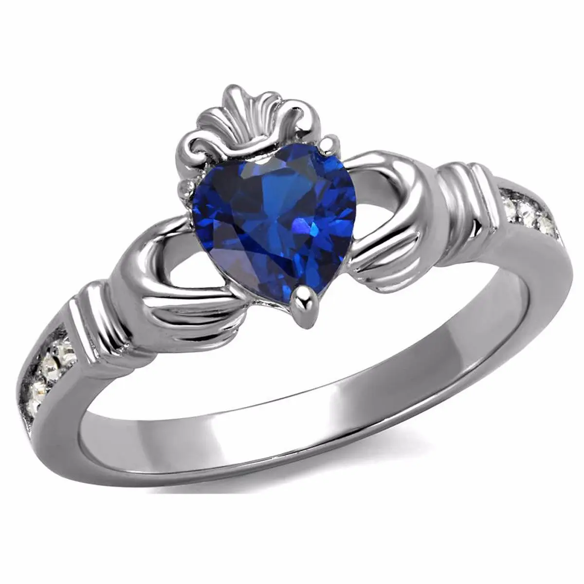 Lanyjewelry Women's Hypoallergenic Stainless Steel Claddagh Ring, 6x6mm Heart-Cut London Blue CZ, Heart-Shaped Wedding Band, Heart Shape