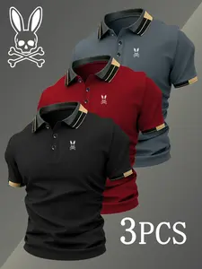 Men's Golf Polo Shirt Set, Skull Rabbit Print, Fitted Collared Casual Shirt, Stretchy Breathable, Comfortable All-Season Wear, High-Quality
